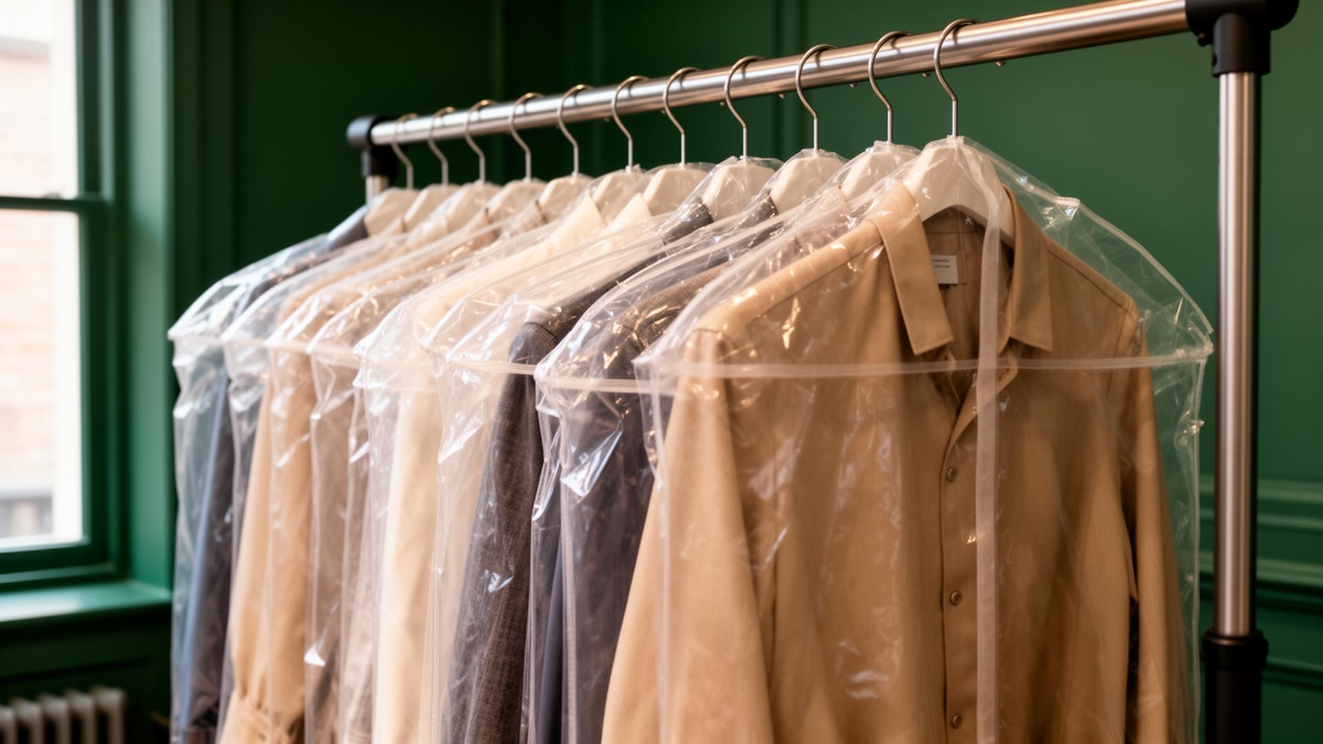 Freshly dry cleaned clothes in garment bags hanging at Live Oak Cleaners in Conroe, TX